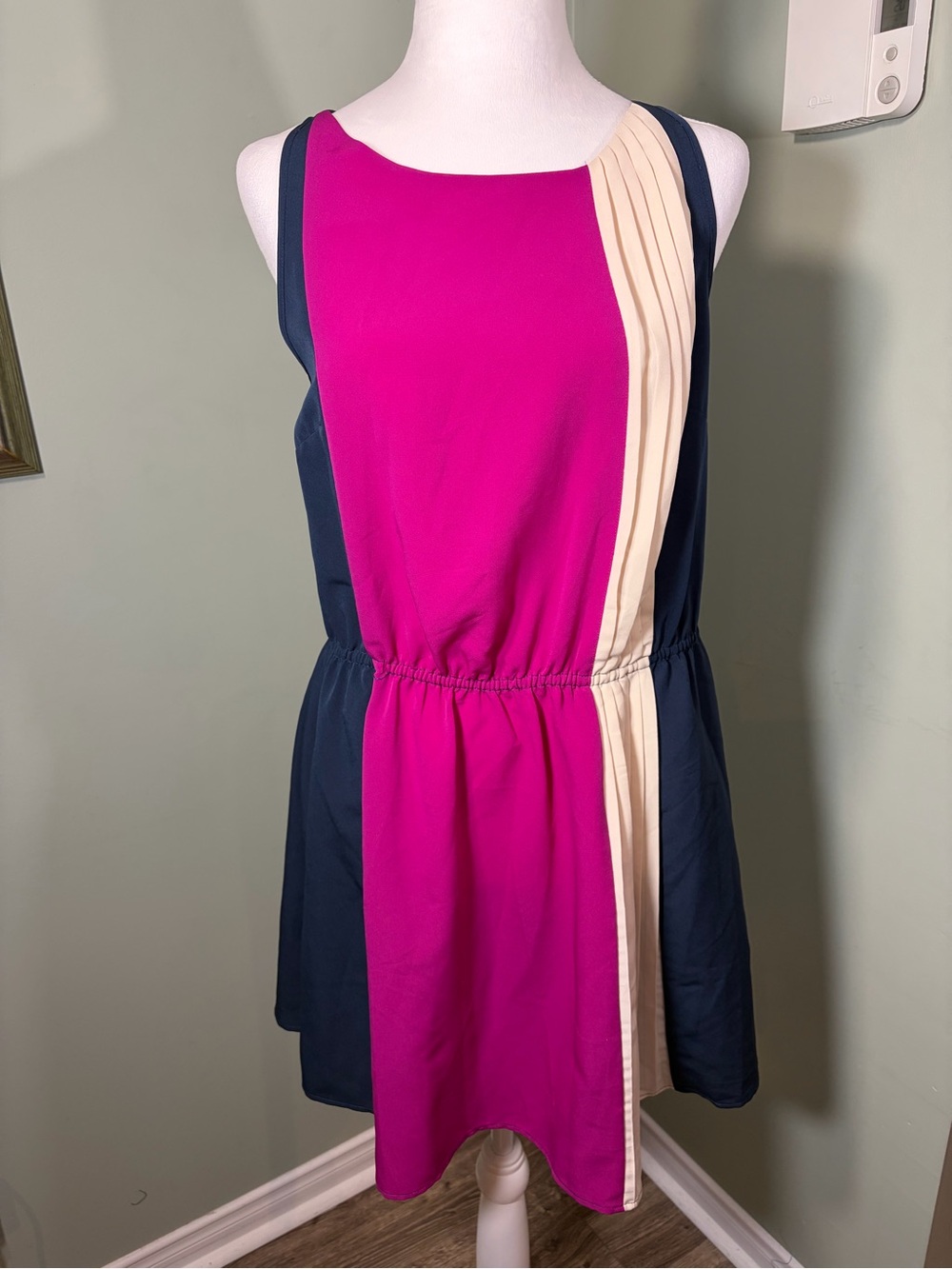 328. Central Park West Colorblock A-Line Dress in Magenta, Navy & Cream